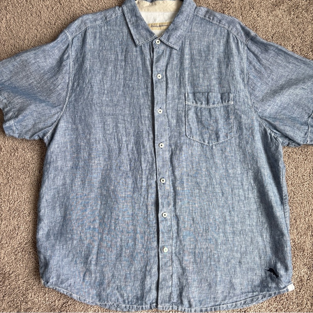 Tommy Bahama 100% Linen Shirt XL Short Sleeve Blue Chambray Island Resort